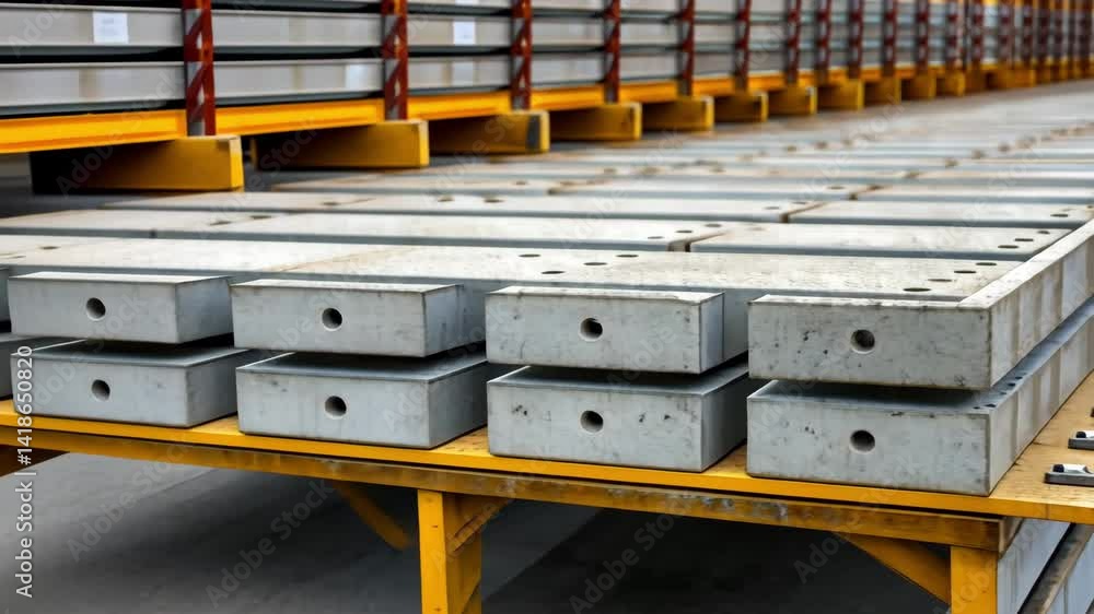 Poster efficient storage site for real estate development neatly arranged concrete blocks and slabs showcas