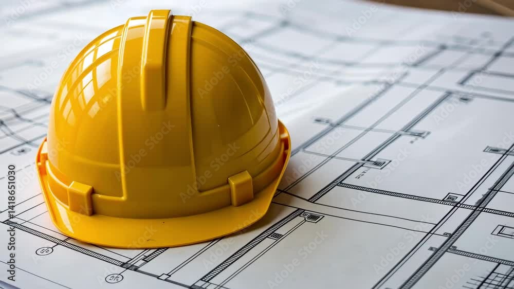 Poster hard hat and blueprint essential planning and design for construction projects and architecture deve