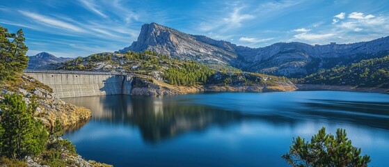 Majestic Mountain Dam with Clear Blue Waters Under Stunning Skies Surrounded by Nature's Serenity and Scenic Views