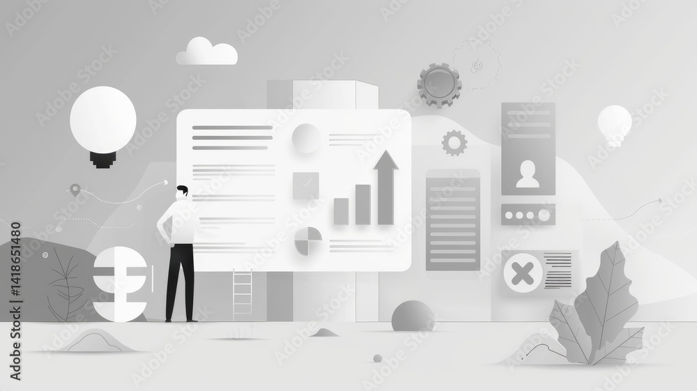 Poster a modern monochrome illustration showcasing data visualization concepts, featuring charts and graphs