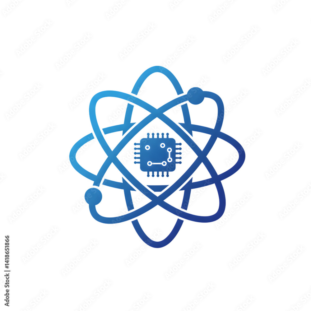 Poster abstract atom icon blue microchip and atomic orbitals design