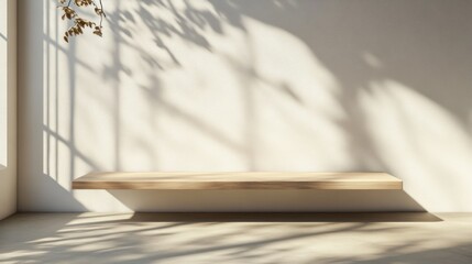 minimalist interior scene with wooden shelf sunlight casting shadows from foliage against a textured wall creating warm serene aesthetic
