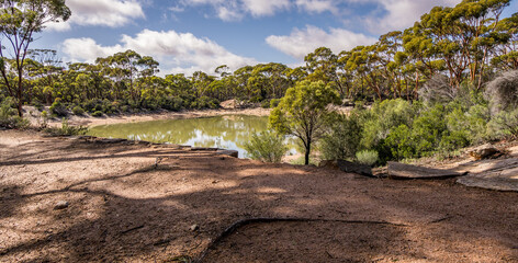  Bromus Dam, 32kms south of Norseman. Built by the government in 1925 to enable steam locomotives operating between Norseman and Salmon Gums to obtain water supplies. 
