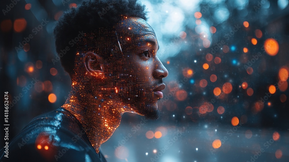 Poster digital fusion: a man illuminated by futuristic data streams
