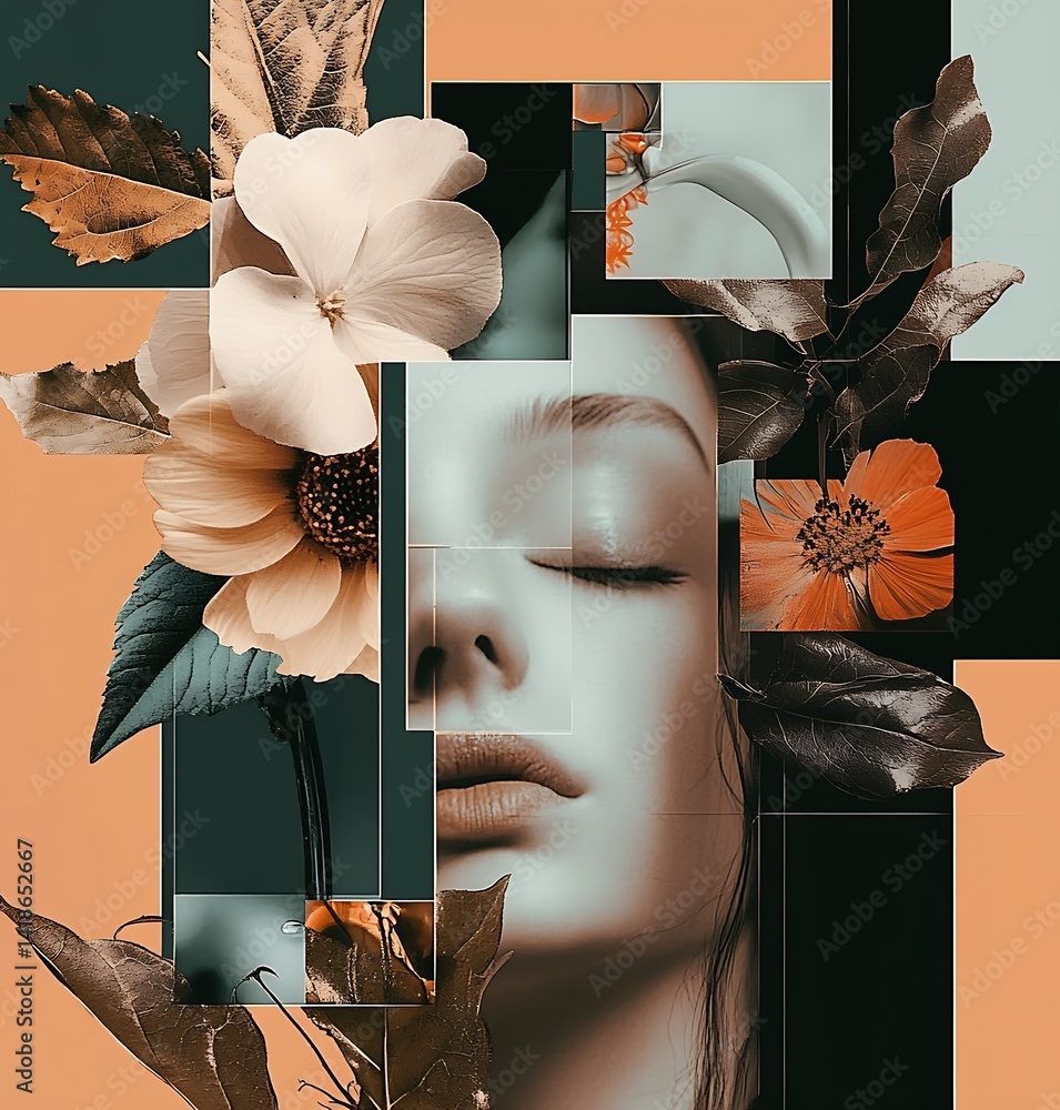Aufkleber an abstract artwork featuring a serene face blended with floral elements in soft colors : generative