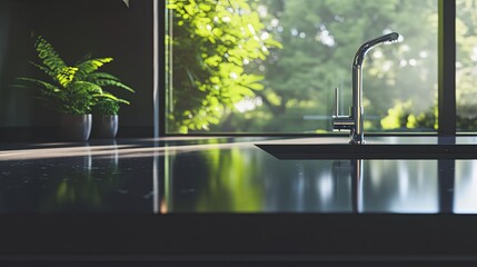 Clean minimalist kitchen counter with polished surface; simplicity and modern home care.