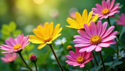 Vibrant daisies and clover blooming together, daisies, landscape