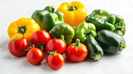 Fresh multicolored peppers and cherry tomatoes on a light surface.