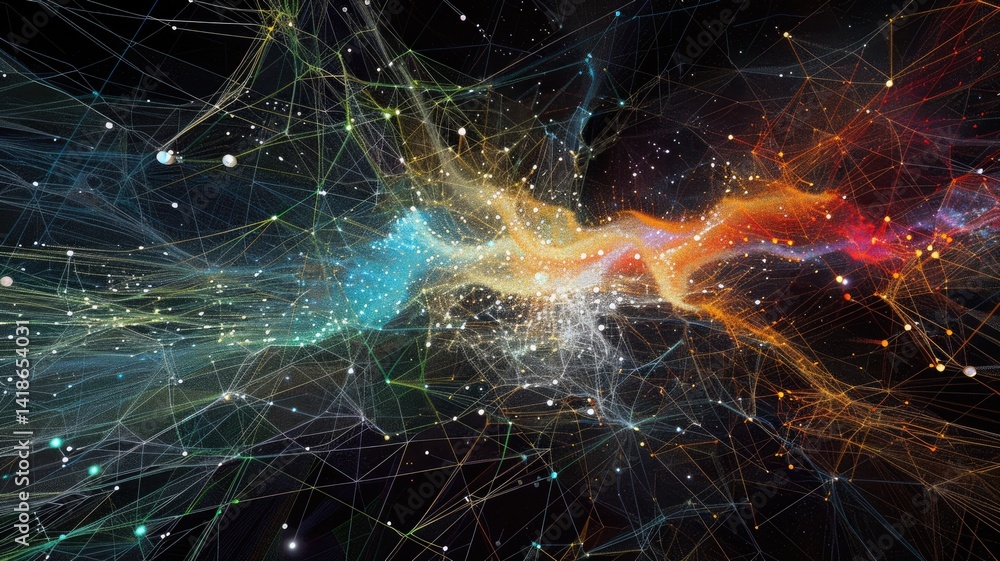 Poster this abstract visualization captures a critical network with vibrant colors and intricate patterns, 