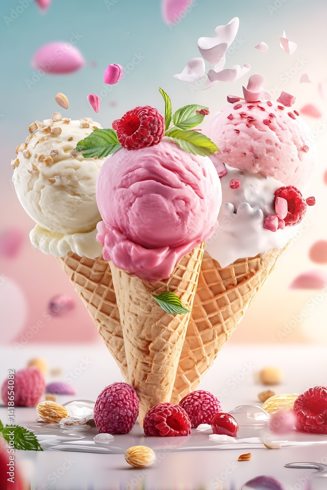 Aufkleber Delicious ice cream cones with various flavors and fresh toppings in a colorful and vibrant setting : Generative AI
