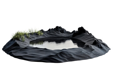 Abstract black landscape with small pond and grass growing on textured surface isolated on transparent background