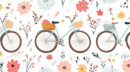 Fototapeta premium Floral patterned background featuring bicycles with baskets.