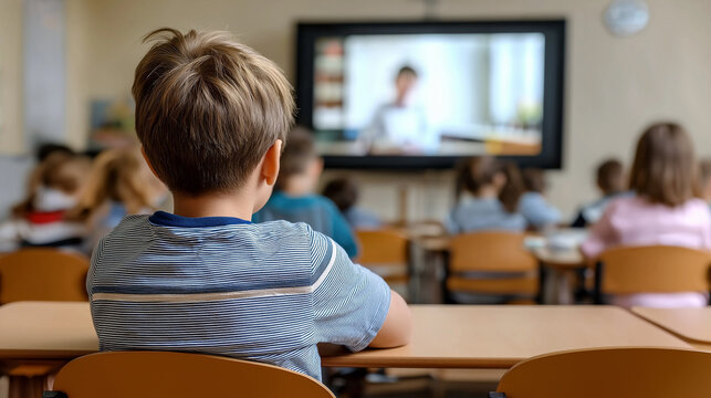 School children watching online lesson on smart board in classroom