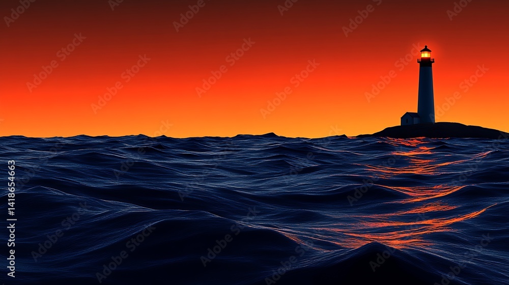 Aufkleber dramatic sunset view of a lighthouse standing tall against waves : generative ai