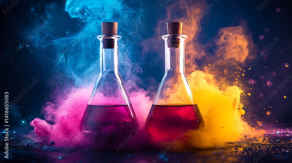 Aufkleber colorful smoke swirling around laboratory flasks filled with vibrant liquids representing chemistry 