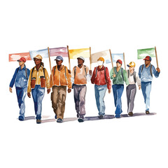 Naklejka premium watercolor A group of workers marching with signs illustration