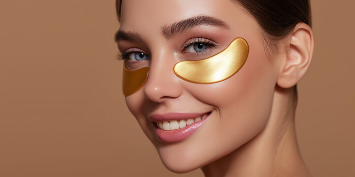 Smiling woman applying golden eye patches for skincare treatment