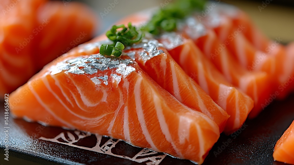 Poster delicious salmon fillets styled perfectly with green garnish for culinary delight : generative ai
