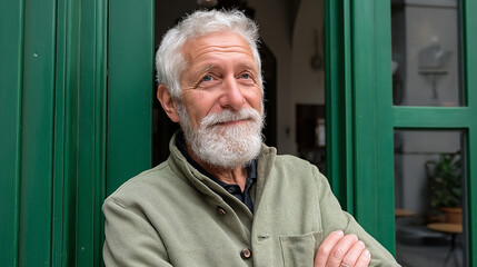 Senior man with white beard smiling at the entrance of his shop