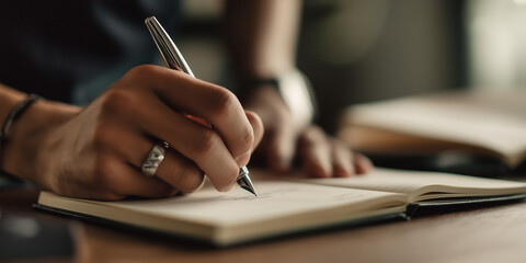 Businessman writing notes in notebook using elegant fountain pen