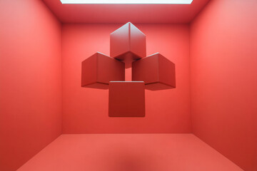 Red cubes in a room