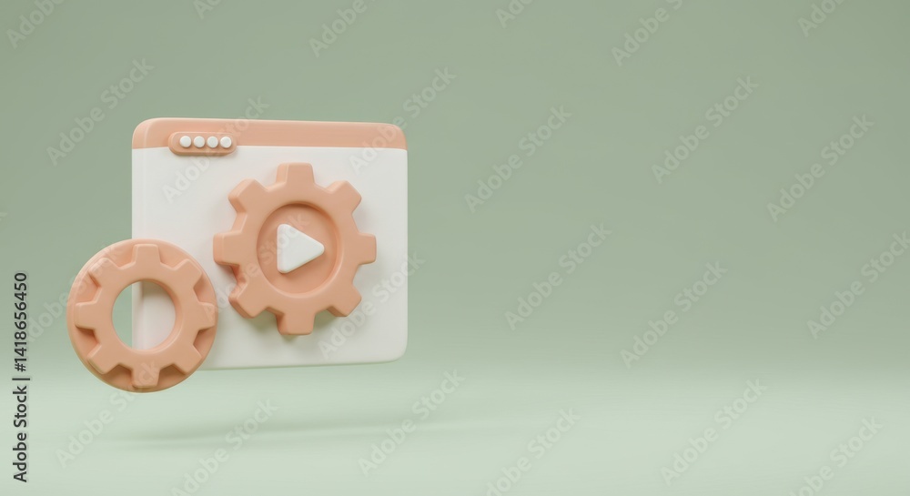 Aufkleber 3d render of webpage settings gears with play button icon, modern pastel color scheme digital techno