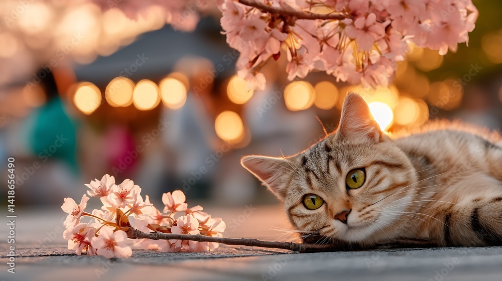 Poster charming cat resting beneath blooming cherry blossoms with a warm sunset glowing in the background c