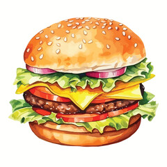 watercolor A juicy hamburger with melted cheese and vegetables illustration