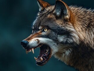 Fototapeta premium A wolf growling, eyes glowing in anger, isolated on a dark blue background