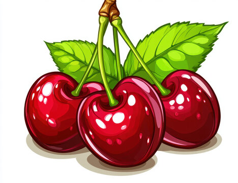 red cherries with green leaves on white background clip art preview