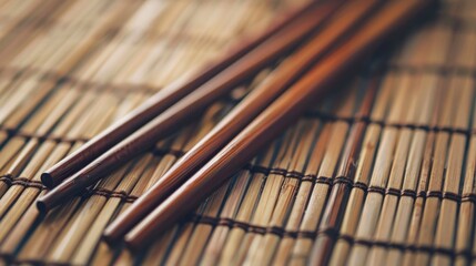 Closeup of chopsticks on a bamboo mat