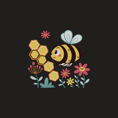 Cute-bee-cartoon-character-vector-hexagon-honeycomb illustration