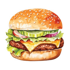 watercolor A juicy hamburger with melted cheese and vegetables illustration