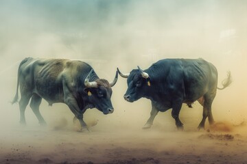 Two Bulls Charging in a Cloud of Dust