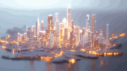 Fototapeta premium A digital rendering depicts a sprawling metropolis situated on an island, enveloped in a soft, ethereal mist. The skyscrapers are predominantly rendered in shades of white and off-white