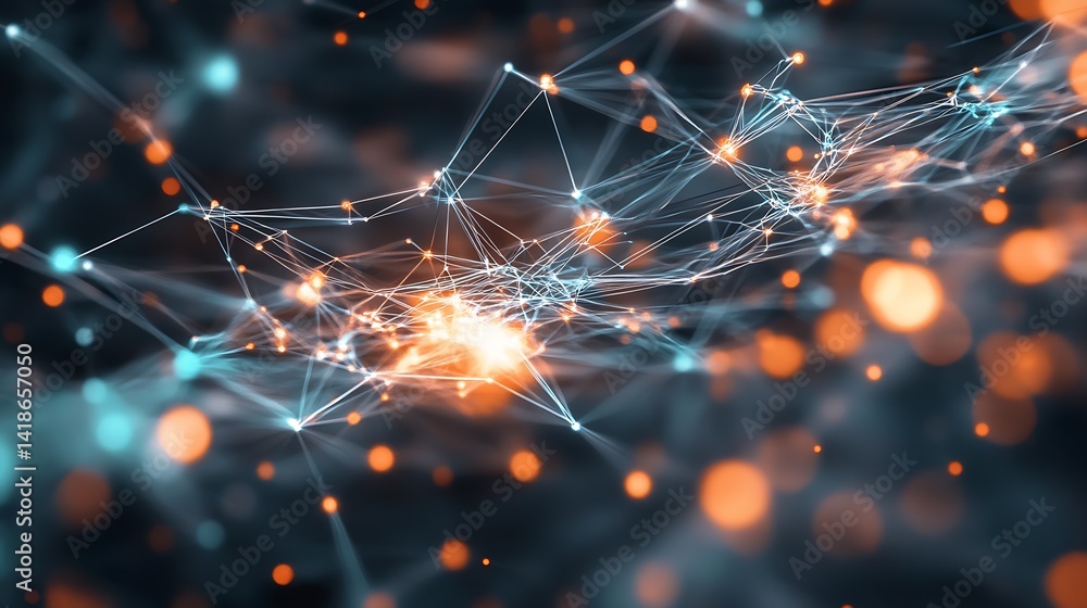 Poster Abstract image of interconnected nodes and lights representing networks and technological advancements in digital space : Generative AI