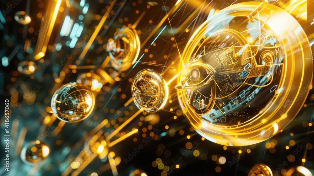 Poster digital image of glowing bitcoin coins floating in space with light trails. abstract artwork of gold