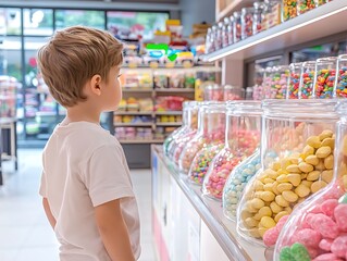 Boy choosing candy at sweets shop.