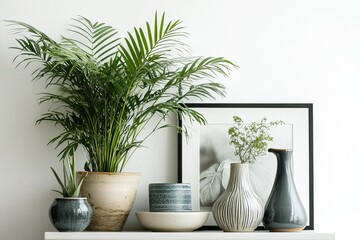 Dishes houseplant vase and pictures on table