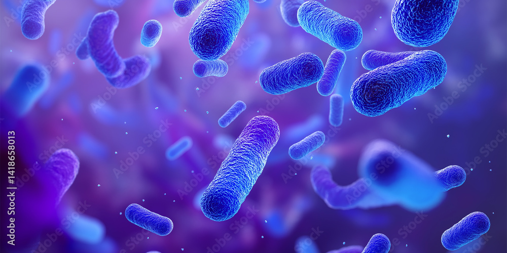 Poster Microscopic view of bacteria multiplying in purple environment