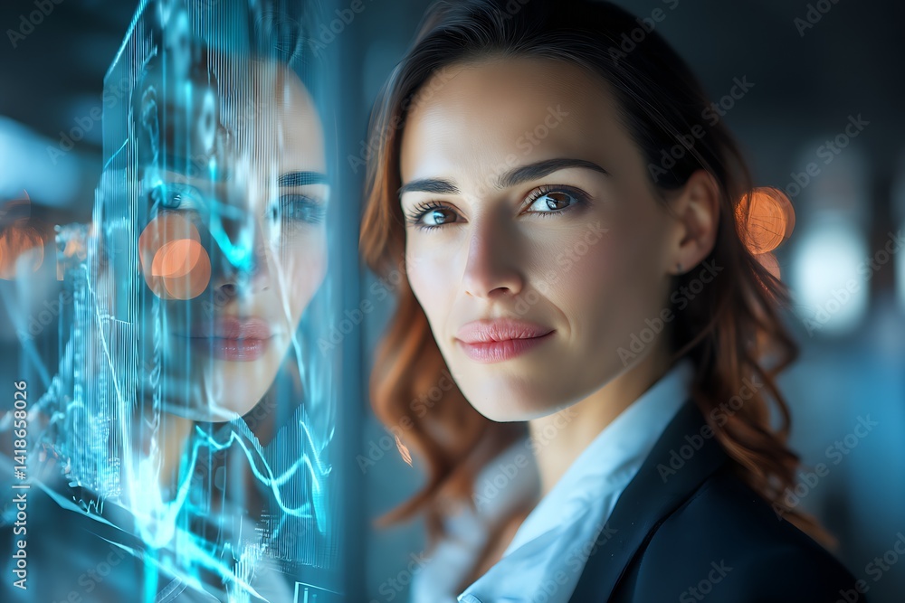 Aufkleber close-up portrait of a confident woman looking at futuristic holographic data display in a modern of