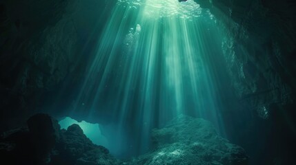 Sunlight Beams Through Underwater Cave