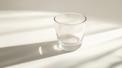 Empty glass tumbler on a white surface illuminated by sunlight.