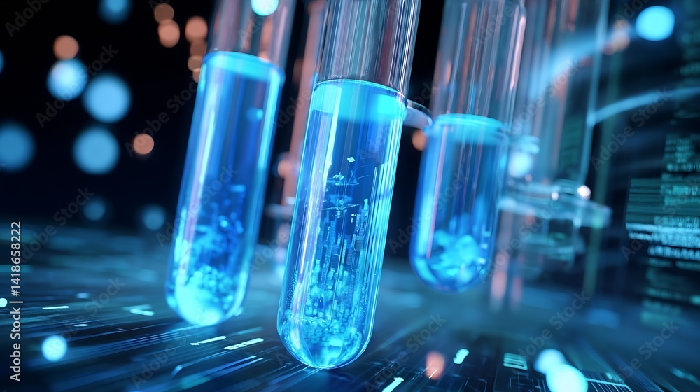 Poster three test tubes with blue liquid in a high-tech laboratory setting with digital elements : generati