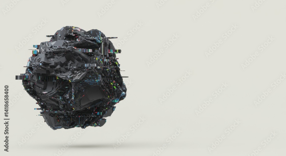 Poster abstract 3d render of a dark fractured sphere with colorful accents against a light background a dig