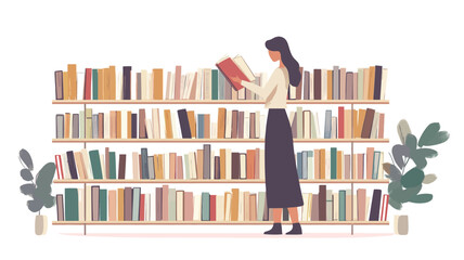 The illustration showcases a stylized female figure, rendered in minimalist flat design with muted pastel colors, standing before a substantial wooden bookshelf brimming with diversely colored