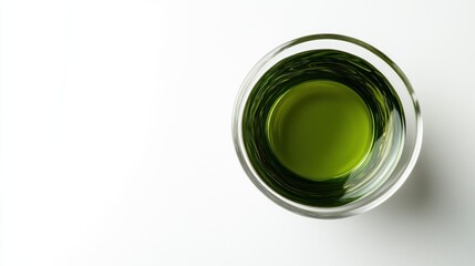 Top-down view of a small glass of green liquid.