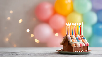 birthday cake with candles, birthday party for children, children having fun, cake shaped like a house, rainbow, multicolored baloons and sparkles, chocolate, sugar and candies, candles, sweet dessert