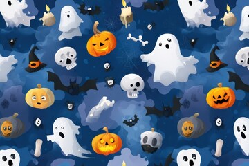 Fototapeta premium Spooky Halloween Cartoon Ghosts & Smiling Jack-o'-Lanterns Under Starry Night Sky 