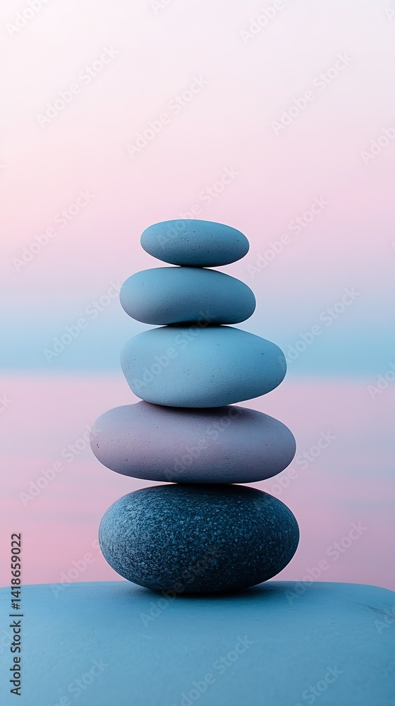 Poster calming stacked stones on a smooth surface against a pastel background for meditation : generative a